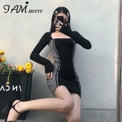 Korean Style Patchwork Bodycon Short Women Dress Sexy Black Long Sleeve Party Streetwear Vintage Female Wrap Dresses Iamhotty