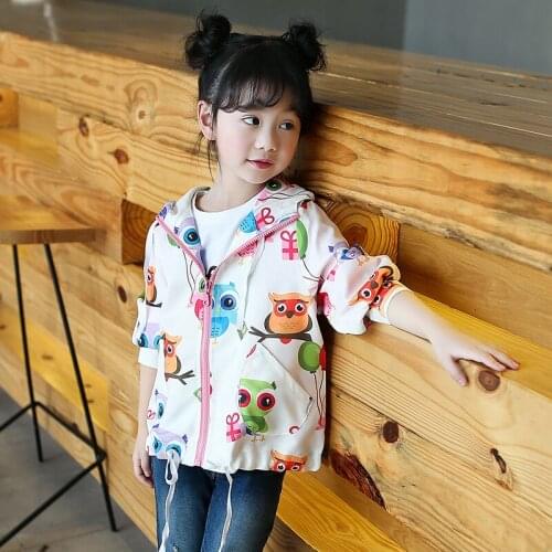 Girls Spring Autumn Jackets Cartoon Owl Graffiti Childrens Hooded Zipper Coat Kids Windbreaker Outerwear Clothes 3 10 Years
