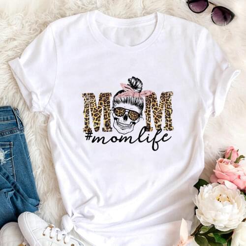 Momlife Leopard Skull Printed 100%Cotton Womens Tshirt Mom Party Shirts Summer Casual O-Neck Short Sleeve Tops Gift for Mother