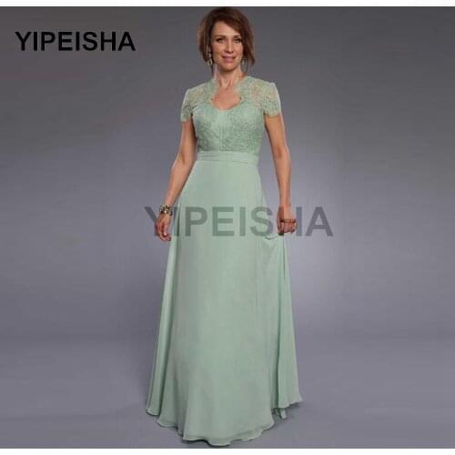 New Fashion A Line Mint Green Chiffon Bride Mothers Dress Lace Appliques Short Sleeve V Neck Wedding Prom Party Gown
