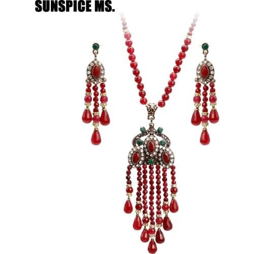 New Bohemia Natural Stone Long Beads Tassels Pendant Necklace Drop Earring Antique Gold Color Resin India Jewelry Sets 2018 Gift