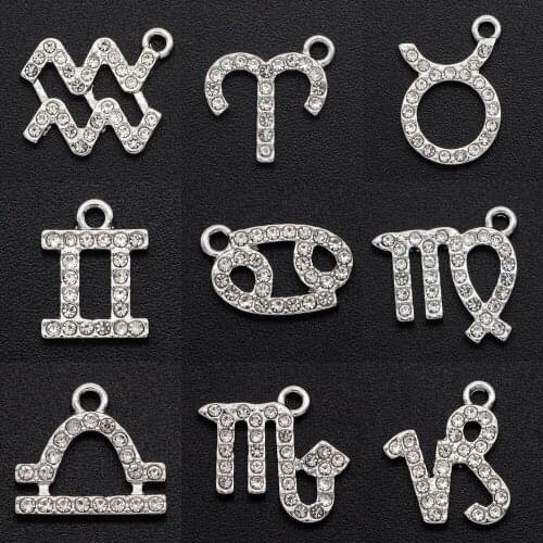 5pcs/lot Fabulous Rhodium Plated Bling Crystal Zodiac Sign Charm Pendant Wholesale DIY Jewelry Making Initial Charms