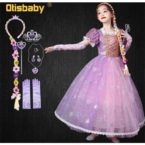 Christmas Girls Princess Rapunzel Dress Toddler Girl Birthday Luxurious Sequins Ball Gown Embroidery Flower Dresses Children Wig