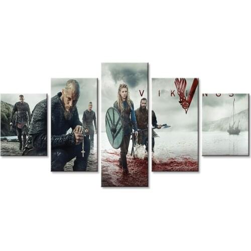 Vikings Warrior Widescreen 5P Abstract Wall Art Oil Painting Poster Canvas Painting Print Pictures for Living Room Home Decor