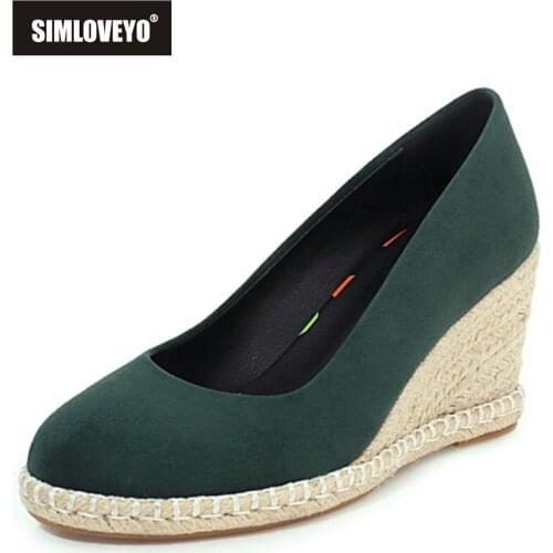 SIMLOVEYO 2021 Spring Leisure Pumps Suede Cover Heel Slip On Rattan Wedges Round Toe 7.5cm Size 30-44 Green Beige White A4171