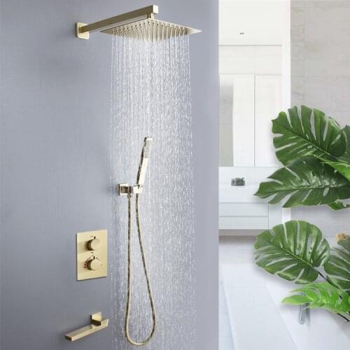 Luxury Thermostatic Shower Set Brushed Gold All Metal Two Function Big Rain Fall Bathroom Faucet