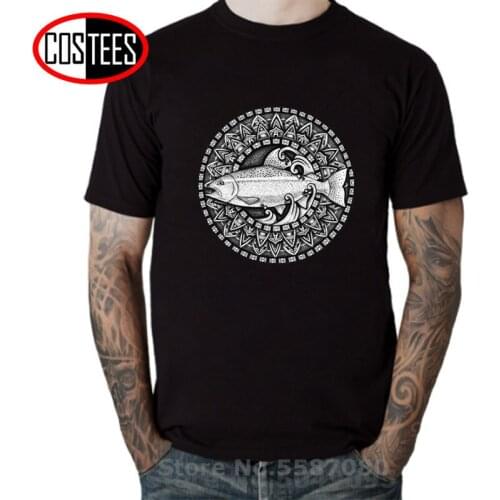 Vintage Mandala Design Trout Fish T shirt men 2020 Casual Fashion Tops Tees Retro Style Hand Drawn Illustration of Trout T-shirt