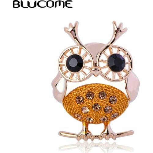 Blucome Lovely Black Eyes Owl Shape Brooch Crystal Gold Color Brooches For Women Kids Suit Coat Bag Accessories Scarf Jewelry