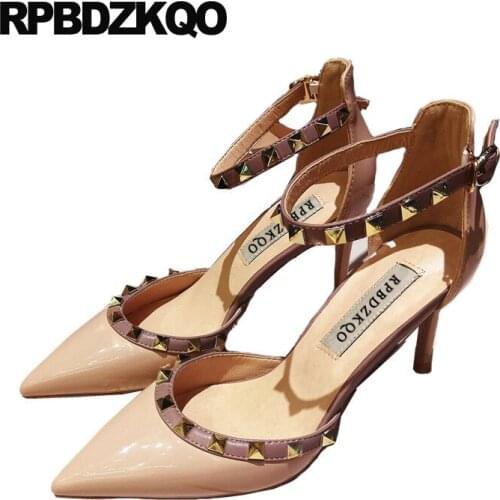 Stiletto ankle strap pointed toe 8cm high heels rivet 2019 spring fashion women pumps shoes size 4 34 metal ladies plus stud 33