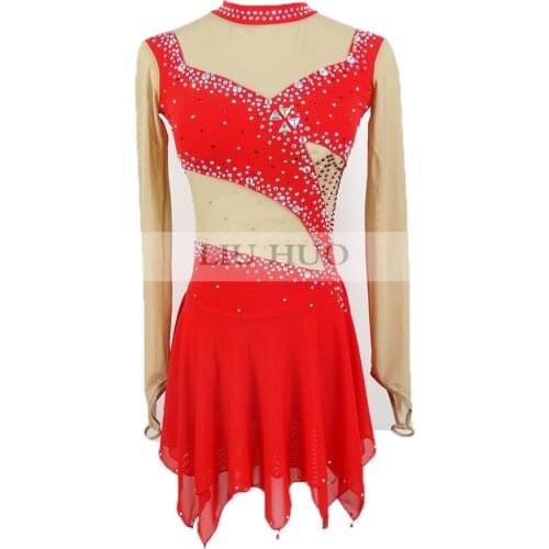 Red Figure Skating Dress Womens Girls' Ice Skating Dress Competitive performance clothing Round neck long sleeve Rhinestone