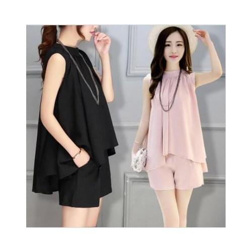 M-4XL Summer Large Size Womens Short Sleeved Chiffon Suits Two Piece Jacket Shorts Women Set Black Pink Vetement Femme