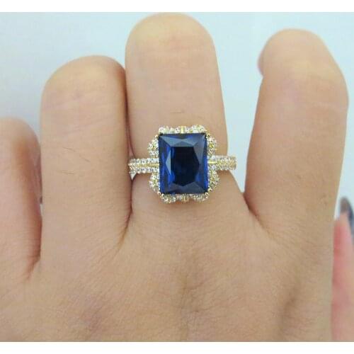 14k Yellow Gold 3.79ct Lab Sapphire Women Ring with Moissanite Lab Diamond Setting 2018 New Fine Jewelry Wedding Band Engagement