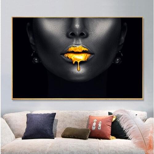 Gold Lips African Black Woman Canvas Paintings on The Wall Art Posters and Prints Black Face Pictures for Living Room Unframed