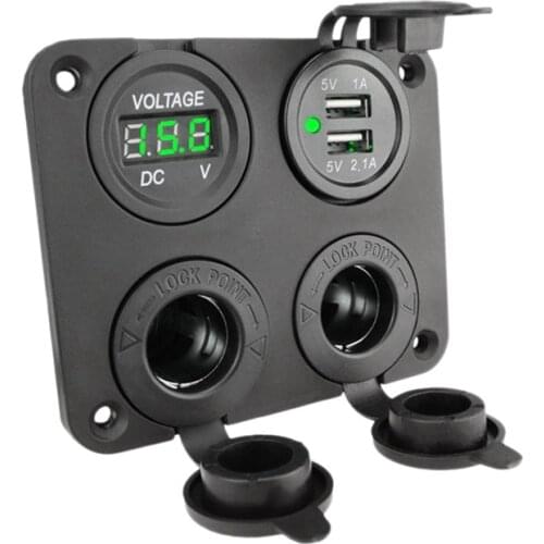 12-24V Dual USB Outlet Volt Power Outlet 4 in 1 with LED Voltage Display Lighter Socket Switch Panel for Car Boat