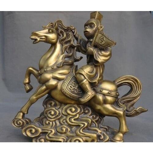 12" old China Feng Shui brass auspicious monkey king ride horse statue