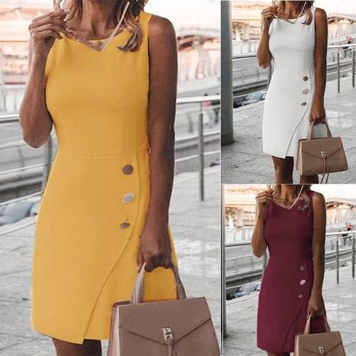 2021 Summer Casual Elegant Solid Color Sleeveless Party Dress Womens O-neck Button Design MIDI Dress Fashion Loose Dress