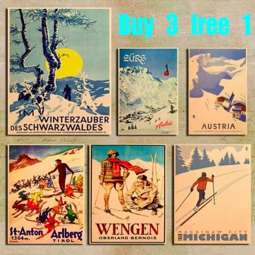 Alaskan Skiing Retro Kraft Paper Poster Bar Office Cafe Home Art Wall Sticker Decoration