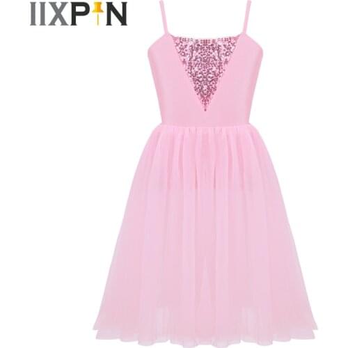IIXPN Girls ballet costume Spaghetti Shoulder Straps Sequins Mesh Ballet Leotard Dress ballerina Ballet tutu Dress For Kid Dance