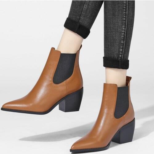 Chunky Heel Pointed Toe Chelsea Boots Woman Fashion Faux Leather Ankle Boots White Brown Black Short Boots Ladies Daily Shoes