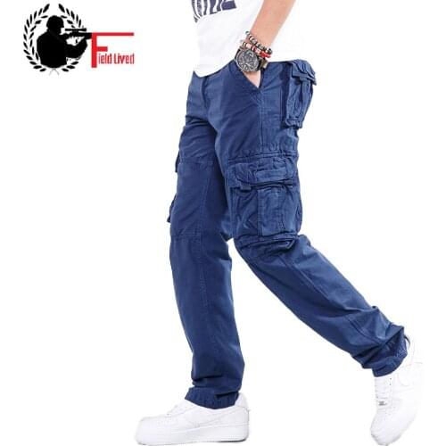 Pants Cargo Men Blue Cotton Full Length Khaki Black Army Green Military Style Many Pockets Casual Pants Male Straight Trousers