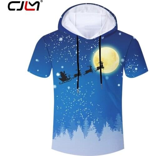 CJLM Christmas Theme 3D Printed Moon Background Hooded Tshirt Santa Claus And Elk Fashion Leisure Mens T-shirt