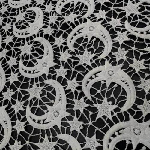 Crocheted Moon&Stars Water Soluble Lace Fabric, Hollowed Out Milk Silk Fabric, Off White Bridal Lace Fabric By The Yard