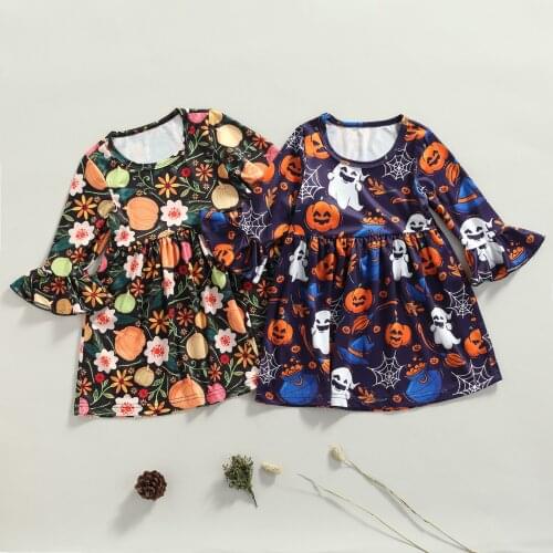 Kids Halloween Outfit, Pumpkin/Ghost Print Round-Neck Long Flared Sleeves Dress for Girls, 6 Months to 4 Years