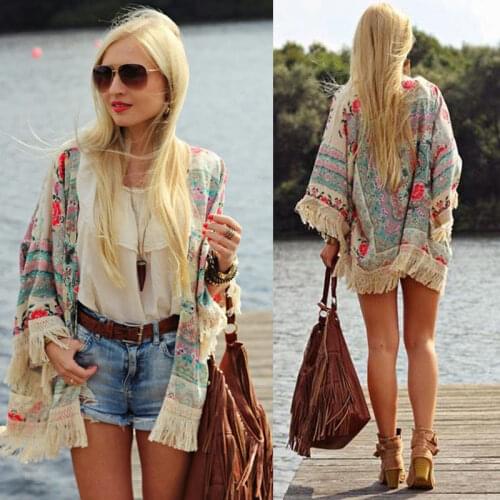 Women Print Kimono Cardigans Vintage Chiffon Tassel Print Blouses Batwing Sleeve Fringed Hem Lace Shawl Oversize Tops Outwears