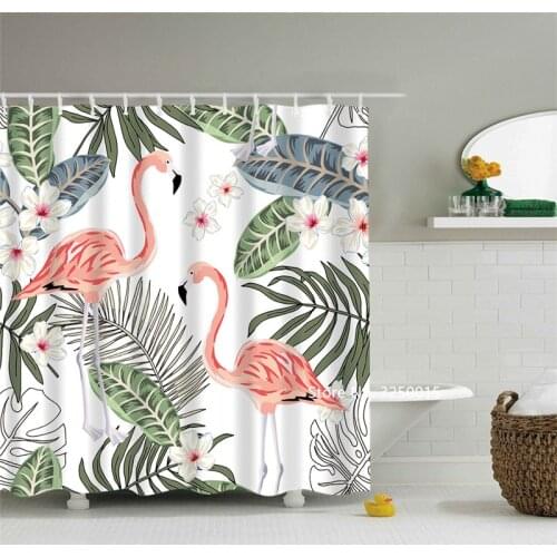 Home Textile Washable Garden Green Plant Small Fresh Style Pink Flamingo Shower Curtain Waterproof and Mildew Proof Belt Hook