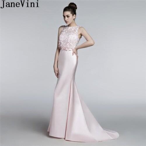 JaneVini Elegant Pink Flowers Satin Long Bridesmaid Dresses for Weddings Sleeveless Mermaid Lace Sweep Train Formal Prom Gowns