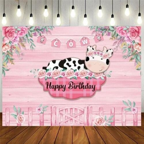 Happy Birthday Party Photography Backdrop Pink Cows Wood Flower Girl For Baby Shower Decoration Background