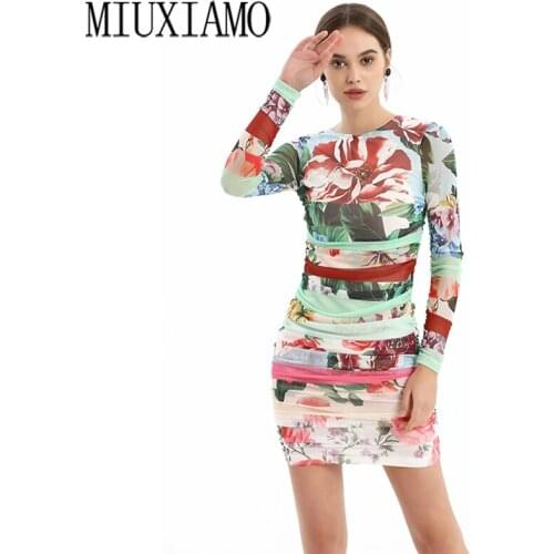 MIUXIMAO 2020 Summer Dress Newest Cute Print Flower Full sleeves Elegant Casual Beach Dress Women Vestidos