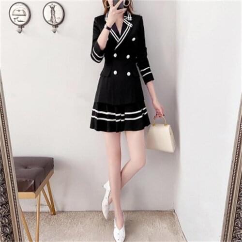 Fashion suit female summer New High-end Black Double breasted casual business Suit + pleated skirt two-piece suit women