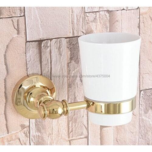 Luxury Gold Color Brass Bathroom Cup Holder Ceramic Single Cup Holder Bathroom Cup Rack Holder Bathroom Accessories Nba310