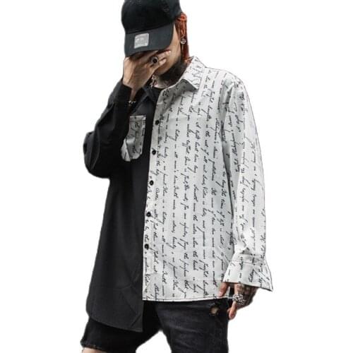 Asymmetric design punk rock hip hop men long shirt Korean fashion printed vintage shirts man harajuku casual blouse streetwear