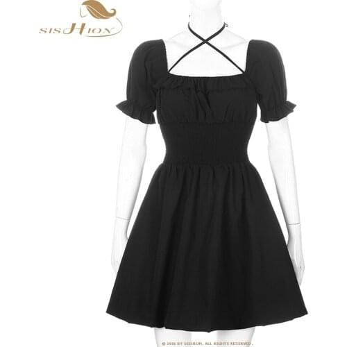 SISHION Retro Sexy Short Mini Little Black Dress VD2109 Square Neck Princess Elastic Waist Gothic Dress