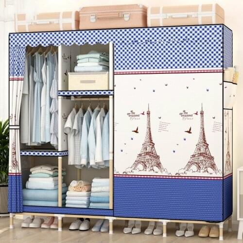 20%Solid wood wardrobe assembled Oxford cloth simple modern economic home storage hanging wardrobe