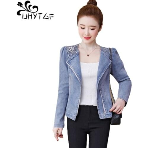 UHYTGF New Womens Jeans Jackets Fashion Autumn Outerwear Beading Slim Short Denim Jacket Ladies Casual Elegant Female Coats 887