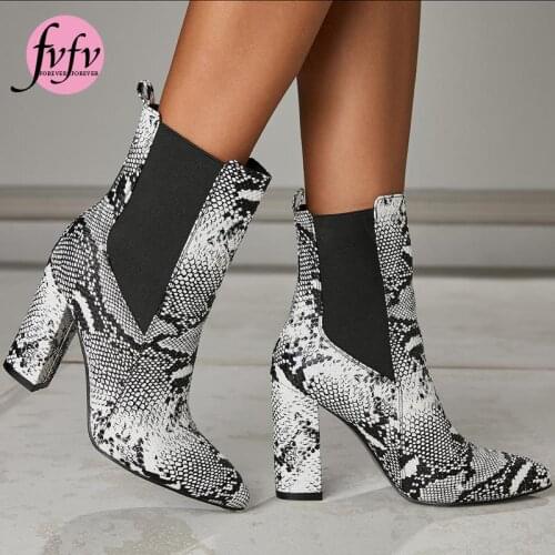 [FVFV]Women Boots Snake Print Ankle Boots Square Heel Fashion Pointed Toe Ladies Shoes 2021 Spring New Western Boots Large Size
