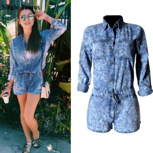 2021 Long Sleeve Jeans Playsuits Women Fashion Streetwear Denim Rompers Woman Snowflake Vinatge Shorts Playsuits Overall Mujer