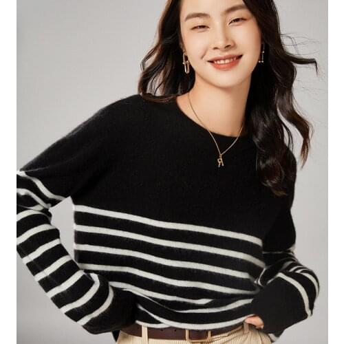 Women O-Neck Sweater 2021 New Autumn Winter 100% Wool Knitted Striped Pullover Female Loose Casual Warm Soft Jumper Ladies Tops