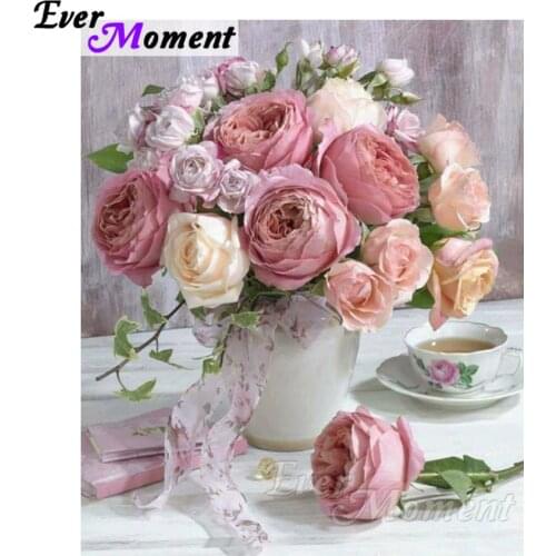 Ever Moment 5D DIY Diamond Embroidery Pink Rose In Vase Diamond Mosaic Full Square Drills Artwork Home Decoration ASF1132