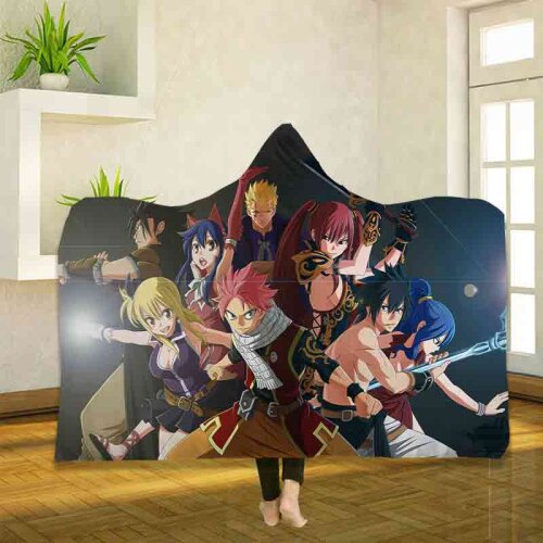 Anime Fairy Tail 3D Printing Throw Hooded Blanket Wearable Warm Fleece Bedding Office Quilts Soft Adults Travel 04