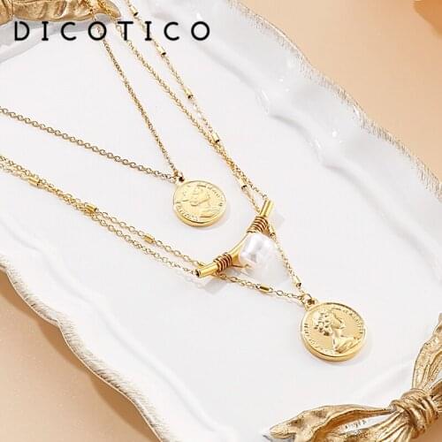 3 Layers Chain Necklace For Women Stainless Steel Korean Pop Mujer Collar Imitation Pearl Round Women Portrait Choker Jewelry