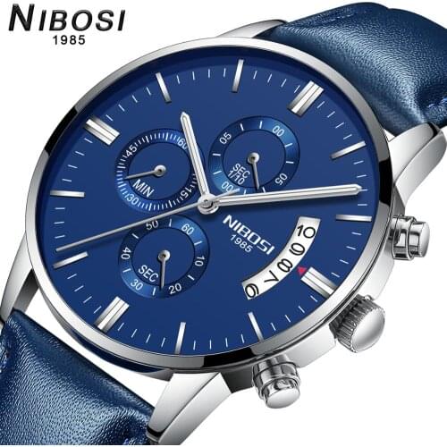 NIBOSI Quartz Watch Men Fashion Sport Clock Mens Watches Brand Luxury Blue Leather Business Waterproof Watch Relogio Masculino