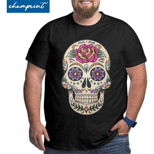 Day Of The Dead Sugar Skull With Rose Tile T-Shirts for Men Cotton Big Tall Tees Crew Neck T Shirts Large 4XL 5XL 6XL Tops