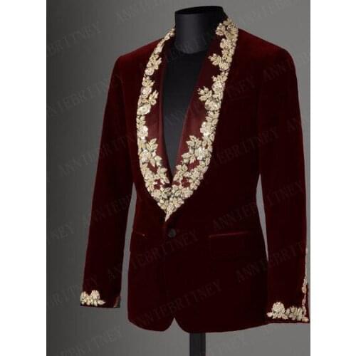 ANNIEBRITNEY Tailored Velvet Lace Applique Men Suit Slim Fit Tuxedo 2 Piece Suits Groom Prom Blazer Burgundy Jacket+Black Pants