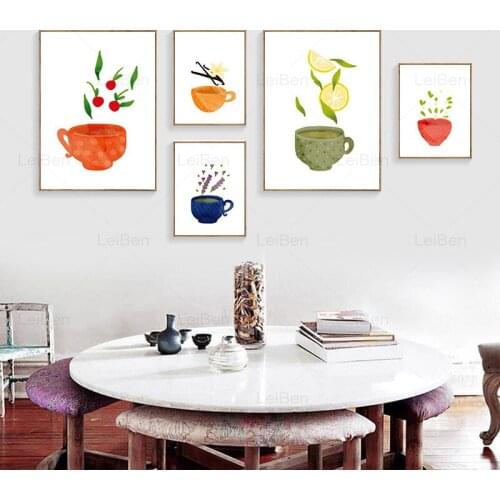 Cartoon Color Teacup Kitchenware Art Canvas Painting Childrens Room Prints Wall Art Poster Pictures Interior Decorative Kitchen