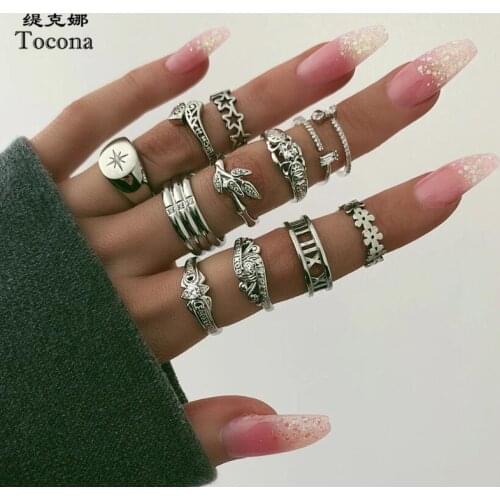 Tocona 12pcs/set Bohemian Star Flowers Silver Color Rings Sets for Women Men Leaf Letter Shiny Crystal Stone Jewelry Gift 14306