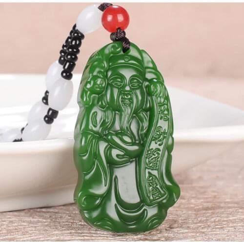Natural Green Jade God of wealth Pendant Necklace Jewellery Fashion Accessories Hand-Carved Man Luck Amulet Gift Sweater Chain